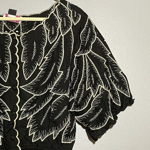 Anthropologie Maple Odd Rubies Blouse Women Sz 8 Black Embroidery Leaf Wide Boho - Picture 3 of 12